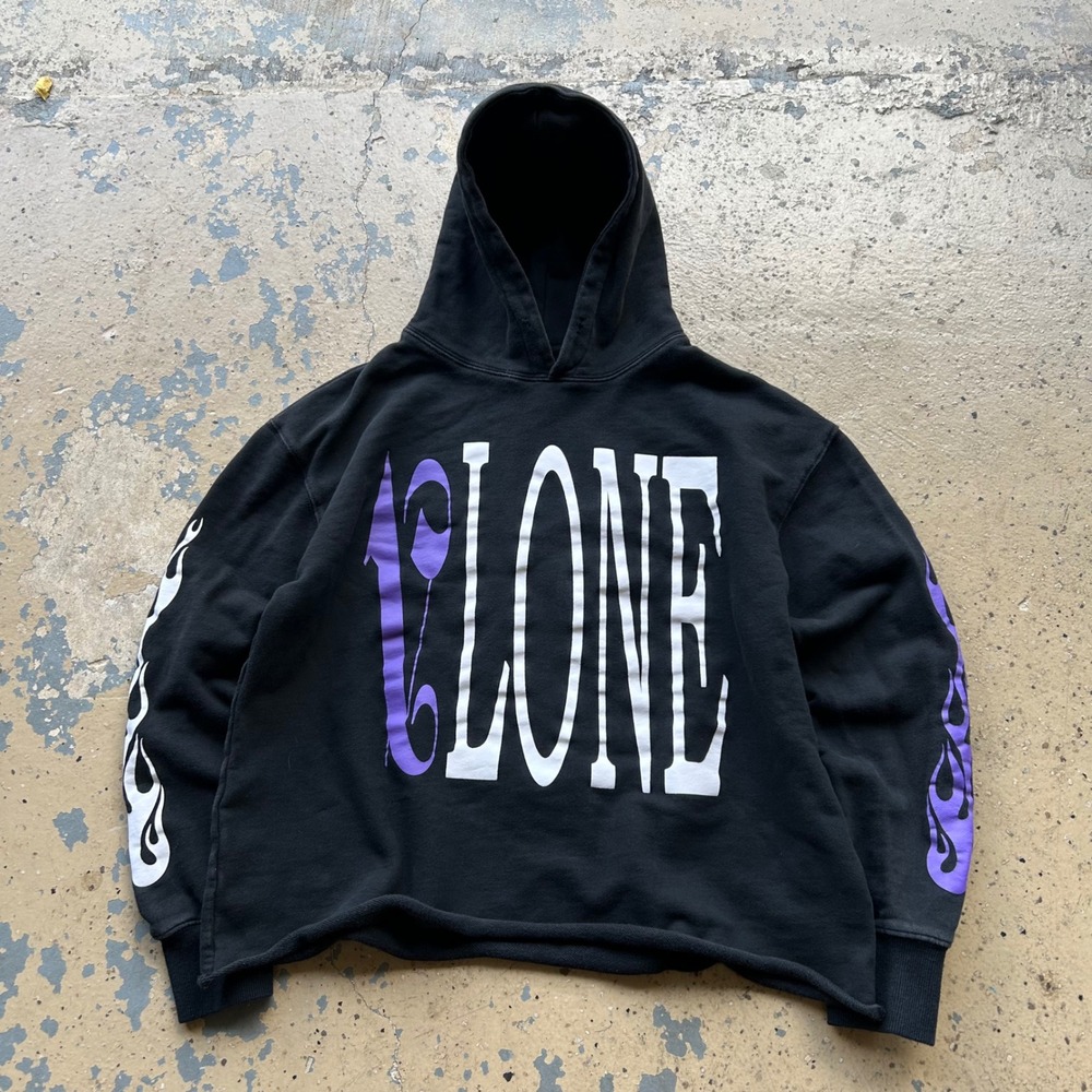 Vlone x Palm Angels Hoodie Black Purple Flame Graphic Streetwear Medium